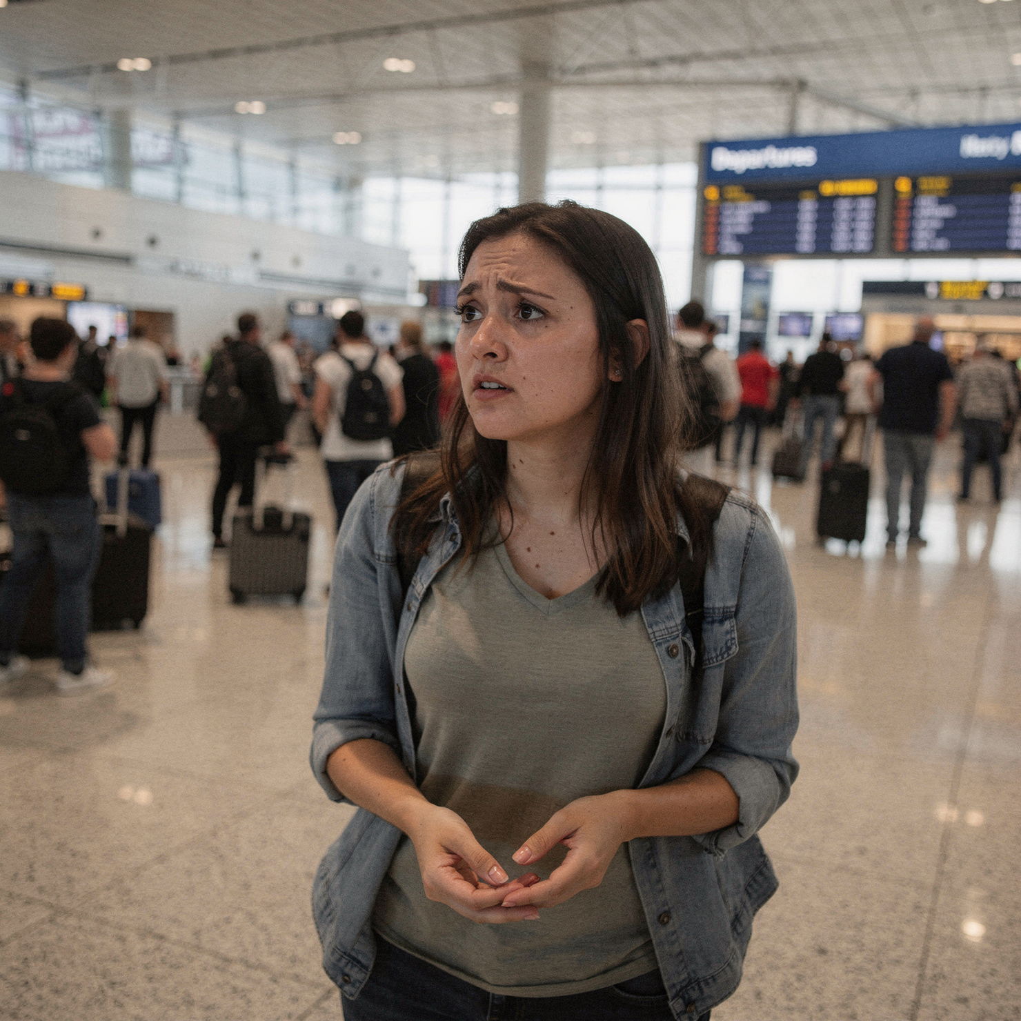 A woman with a worried expression stands in a busy airport terminal in front of a departures board.