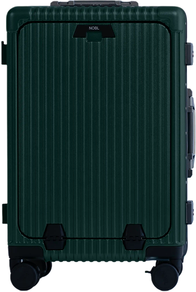 A front view of a dark green, ribbed, hard-shell rolling suitcase with four wheels.