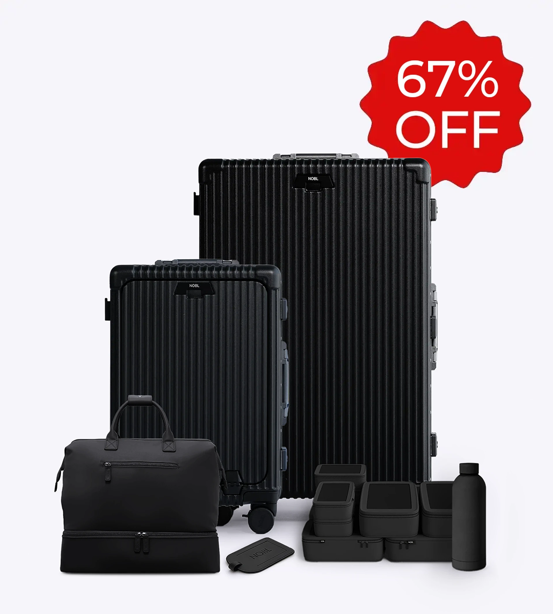 A black luggage set with two suitcases, a duffel bag, packing cubes, and a water bottle.