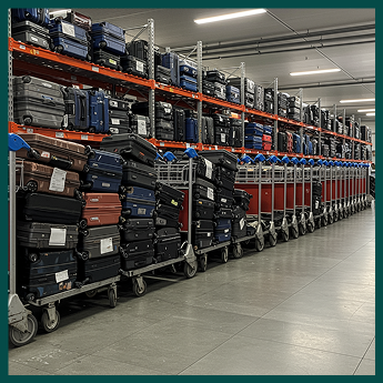 A large room with numerous suitcases organized on tall shelves and lined up on luggage carts.