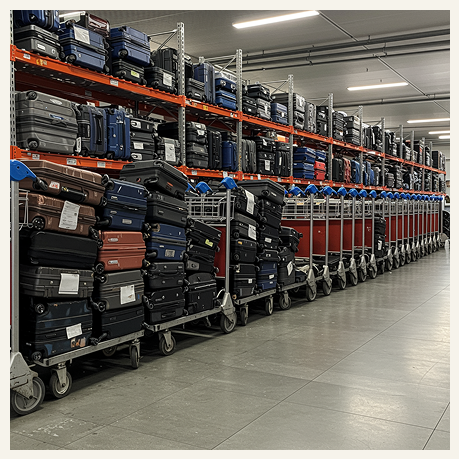 Luggage piled high on an airport carousel under a screen reporting baggage delays affecting millions.