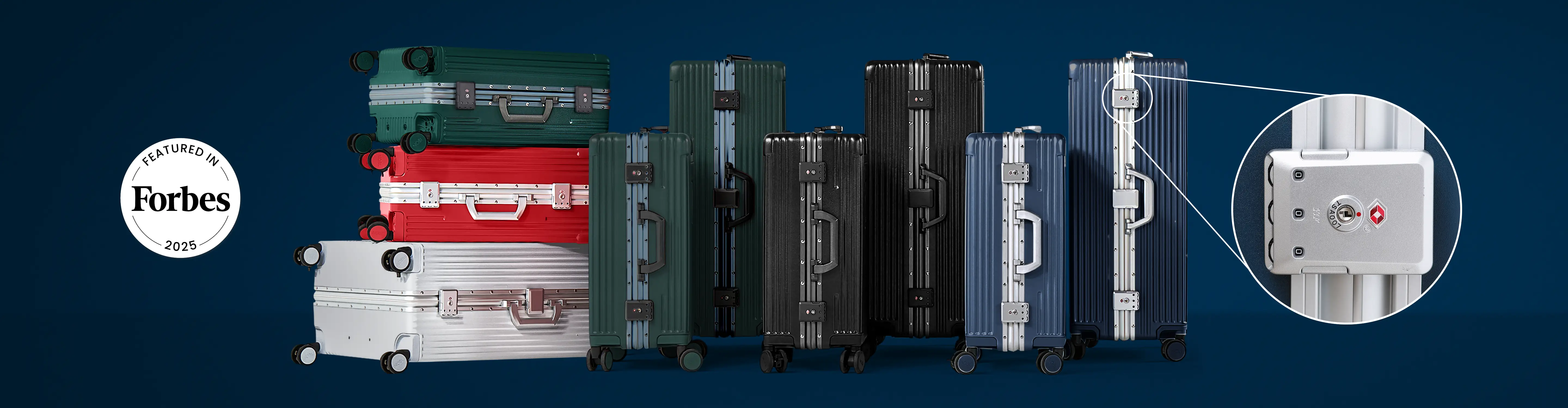 An assortment of colorful, hardside suitcases with a magnified view of the lock and a Forbes 2025 badge.