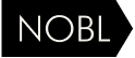 The logo for NOBL, with the word in a thin, white font on a black, pointed banner.