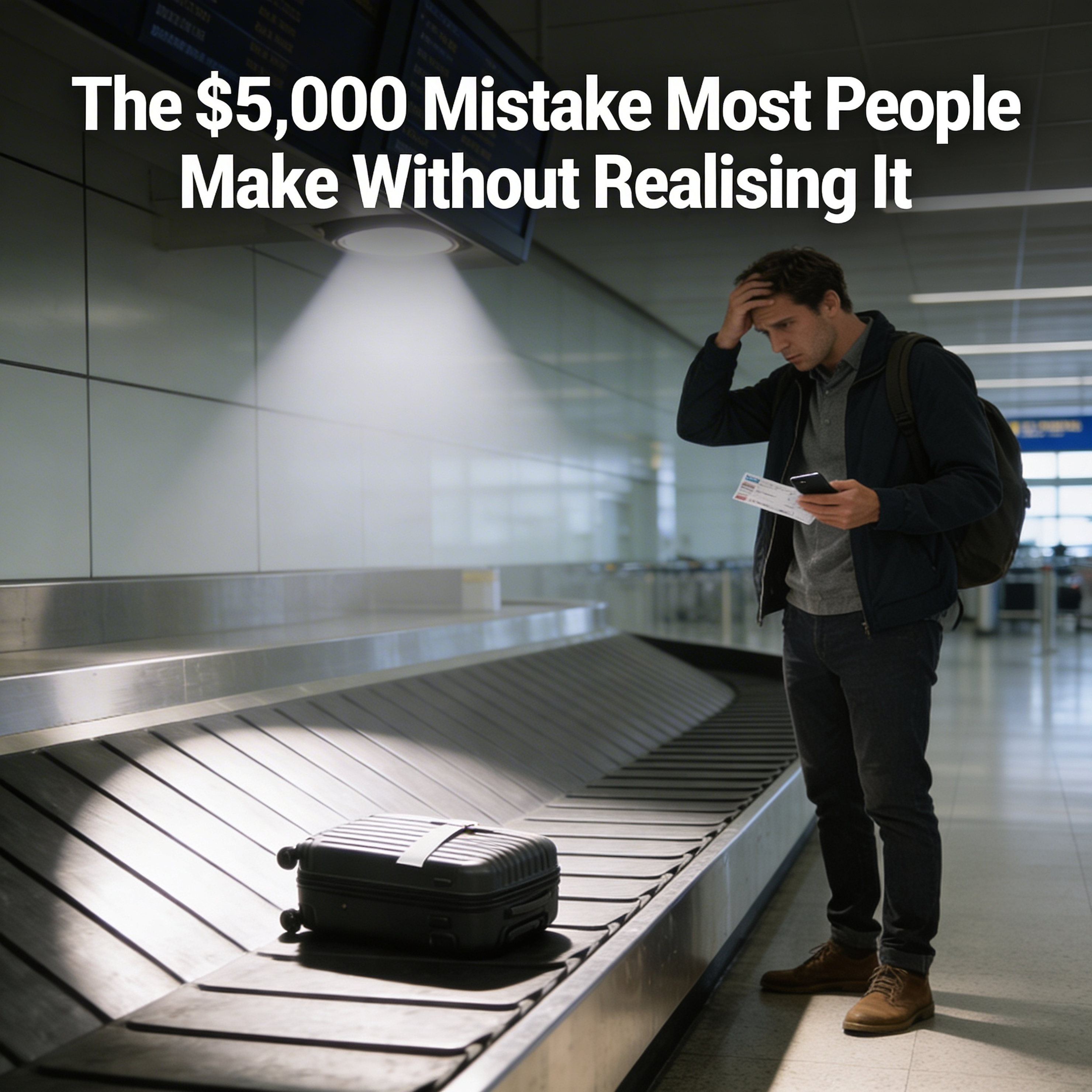 A stressed man stands at an airport baggage claim, looking at a single suitcase on the carousel.