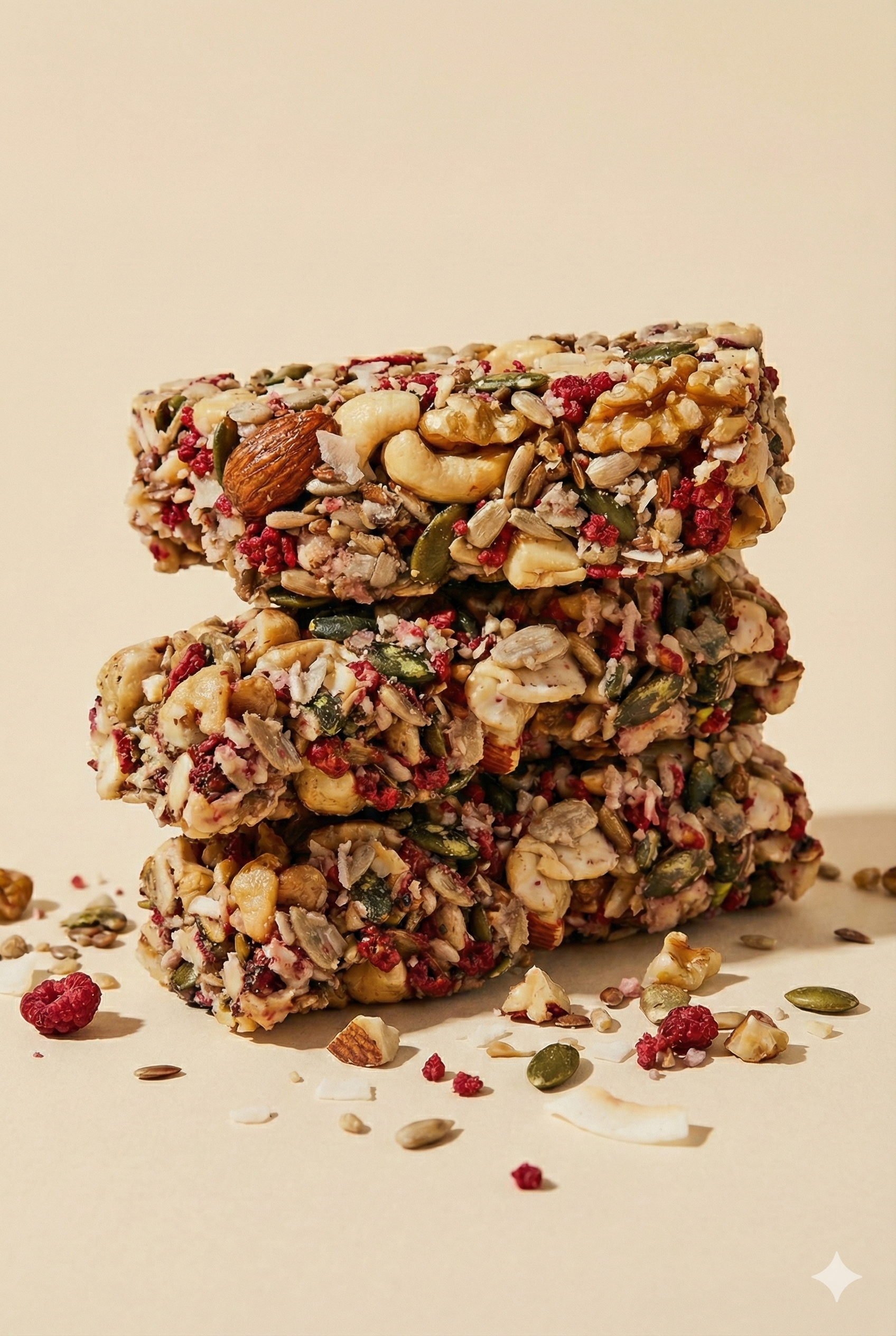 A stack of three granola bars made with various nuts, seeds, and pieces of dried raspberry.