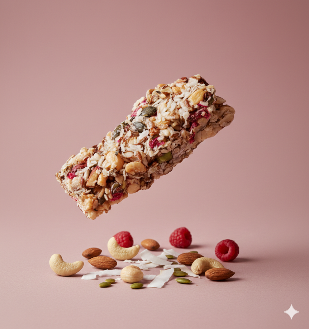 A granola bar floats above its ingredients—nuts, seeds, and raspberries—against a solid pink background.