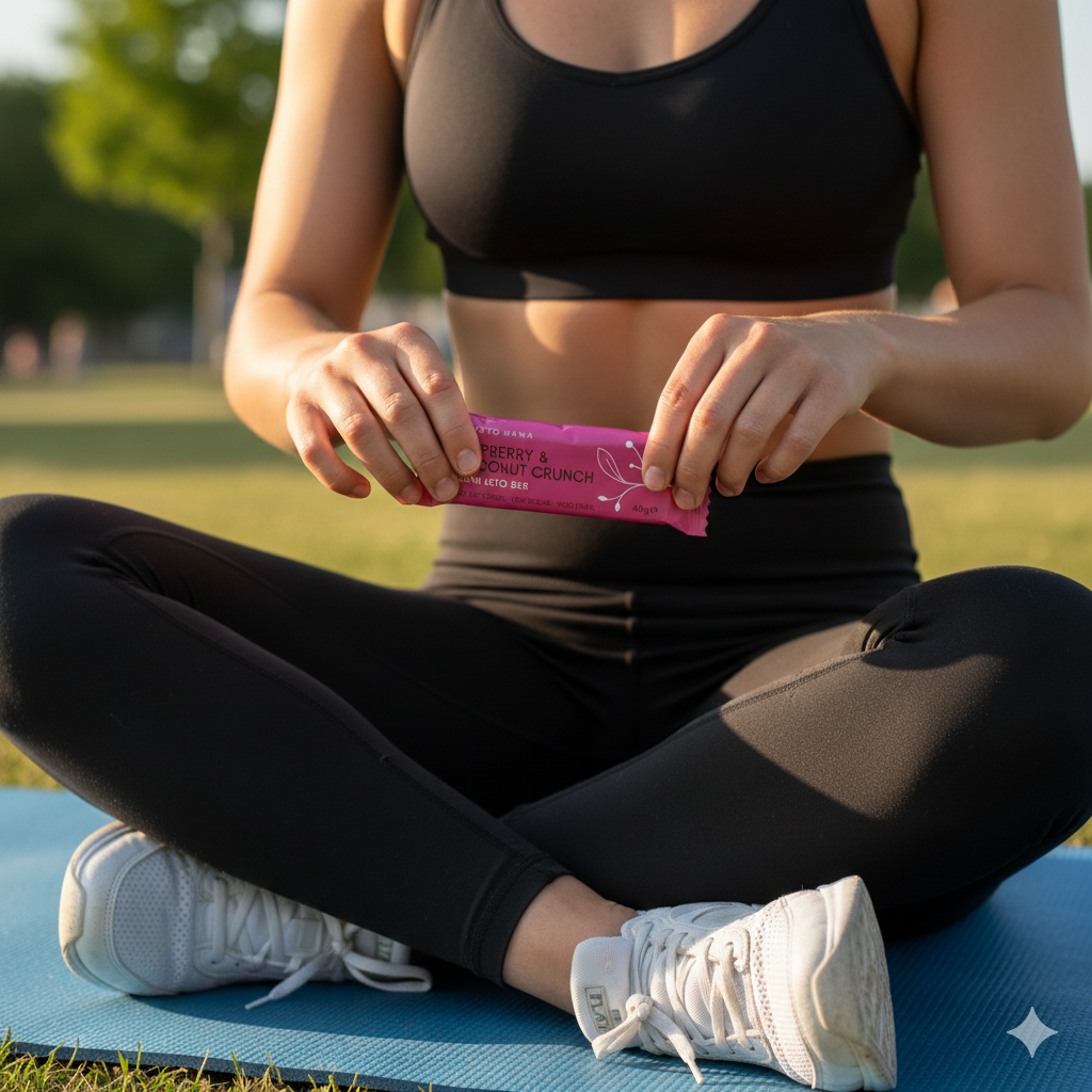 A woman in workout clothes sits on a yoga mat outdoors, opening a pink snack bar.