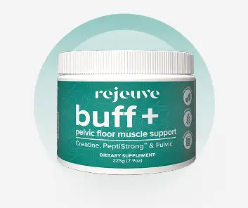 Container labeled 'rejuve buff+' for pelvic floor muscle support against a light background.