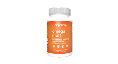A white bottle of Rejevve Omega Muff menopause support dietary supplement against a plain white background.