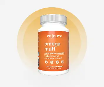 A bottle of Rejuve Omega Muff dietary supplement with orange label.