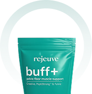 The top of a teal pouch labeled Rejeuve Buff+ pelvic floor muscle support, against a circular graphic.