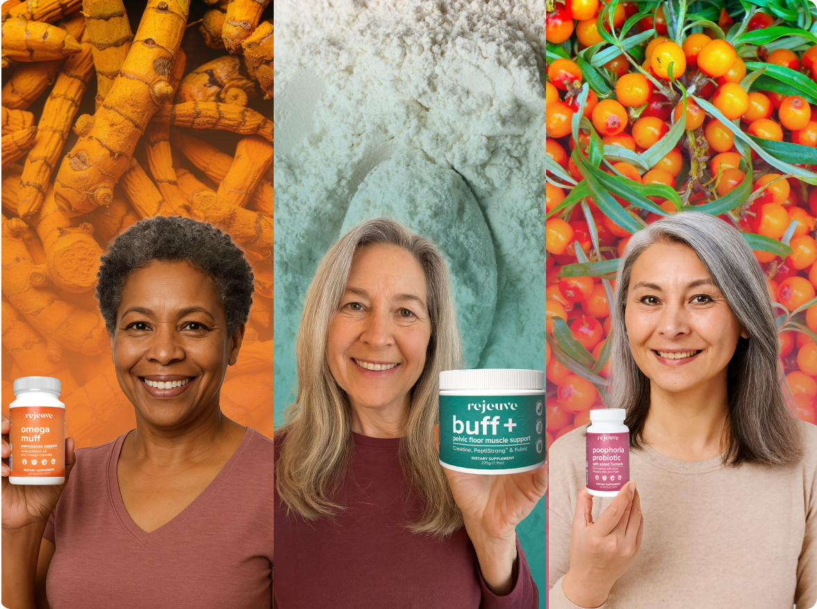 Three women holding supplement bottles with turmeric, powder, and berries backgrounds.