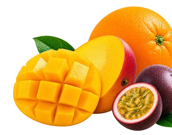 An assortment of fresh fruits including a diced mango, an orange, and a halved passion fruit.