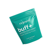 A teal pouch of Rejeuve Buff+ pelvic floor muscle support dietary supplement, tilted against a white background.