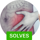 An illustration of a hand clutching a red, inflamed abdomen, with the word 'SOLVES' in a green box.