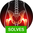 A medical illustration of the human pelvis and spine with red highlights and the word SOLVES.