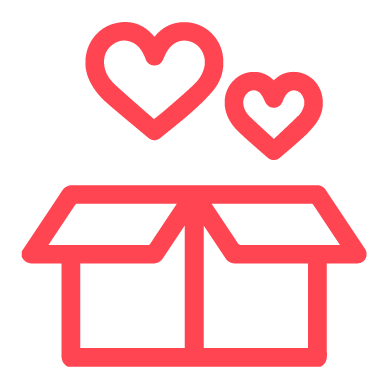 Red icon of an open box with two floating hearts above.