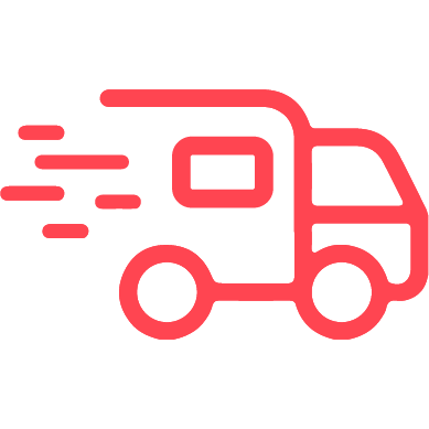 Simple red icon of a fast-moving van.