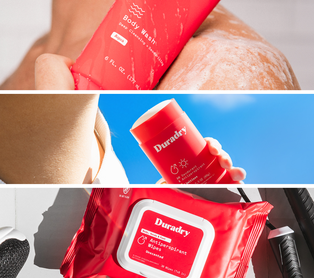 Three red Duradry personal care products in different settings.