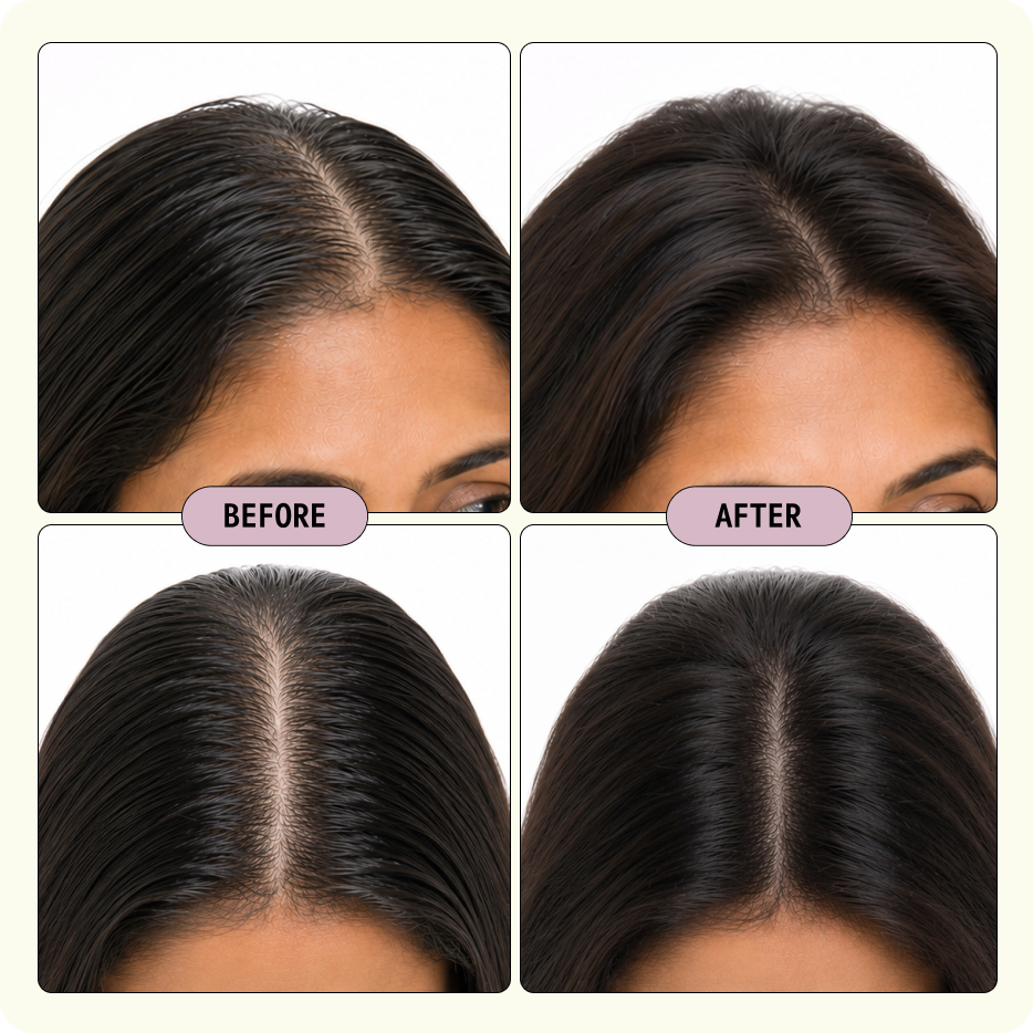 Before and after photos of a woman's scalp, showing the hair part appearing thicker and fuller.