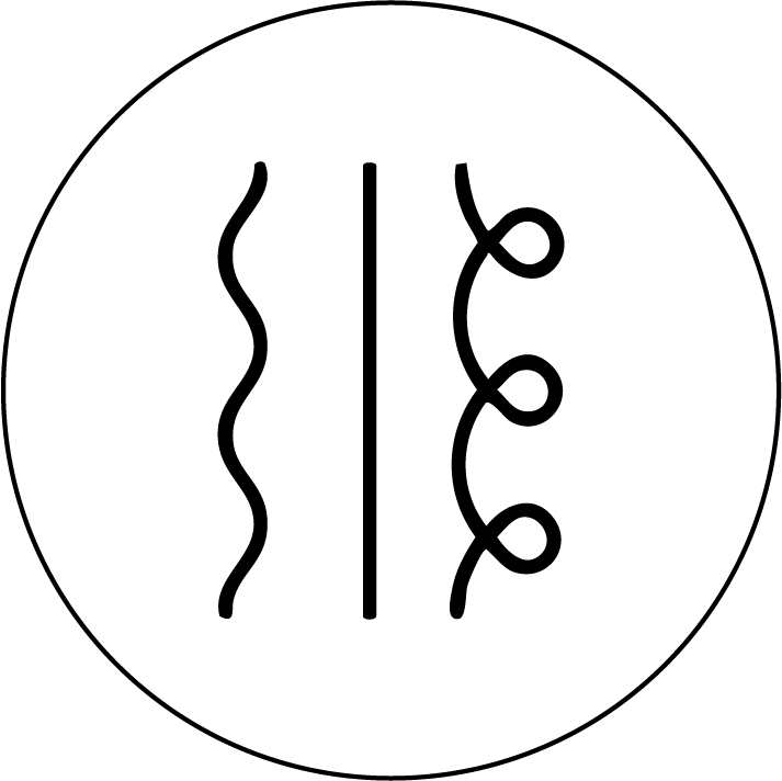 A circular icon with a wavy line, a straight line, and a coiled line.