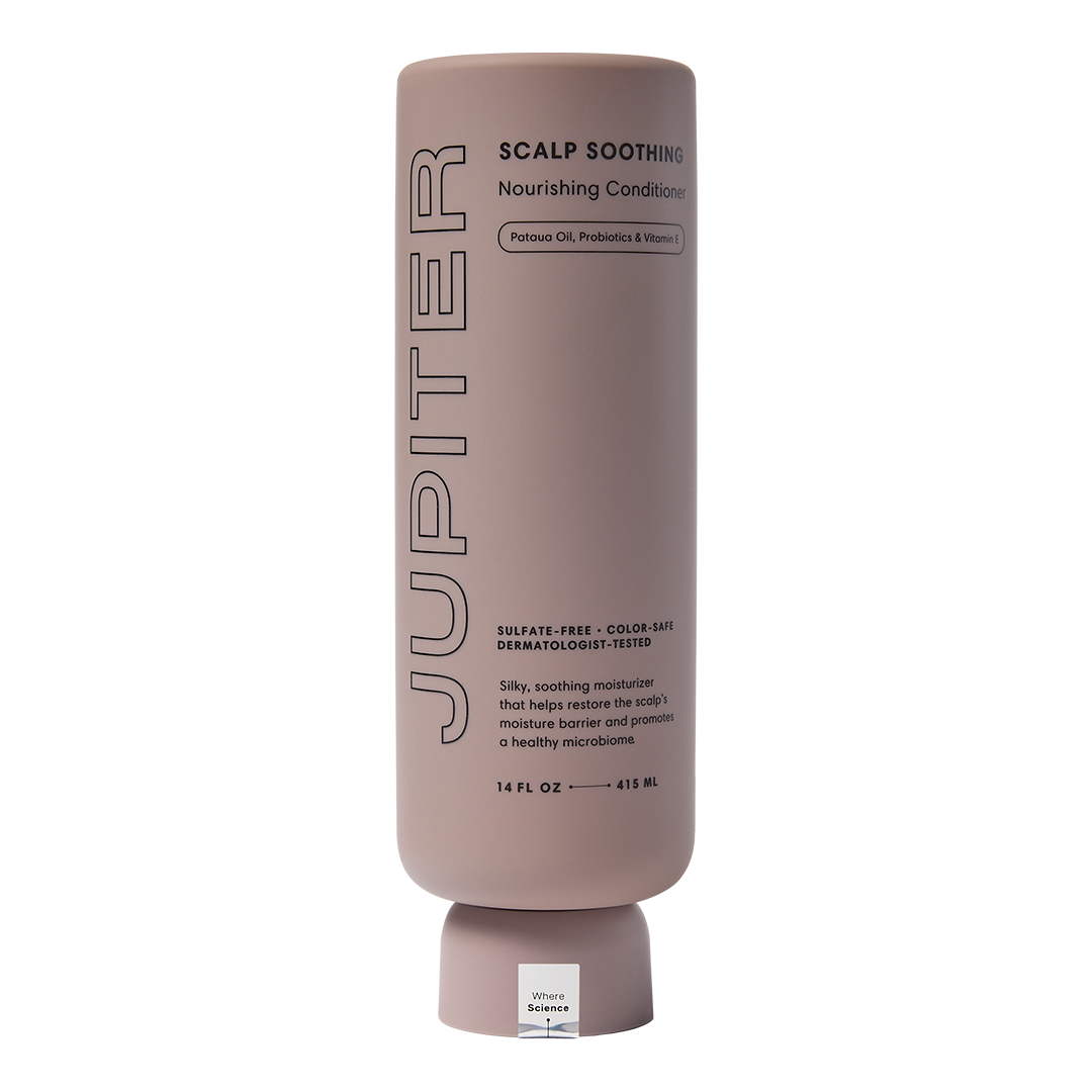 A bottle of Jupiter Scalp Soothing Nourishing Conditioner against a white background.