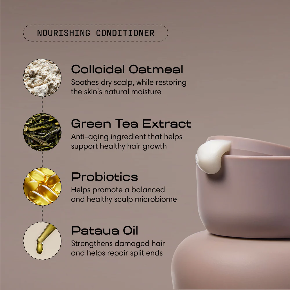 Nourishing conditioner benefits with images of ingredients and cream on a container.