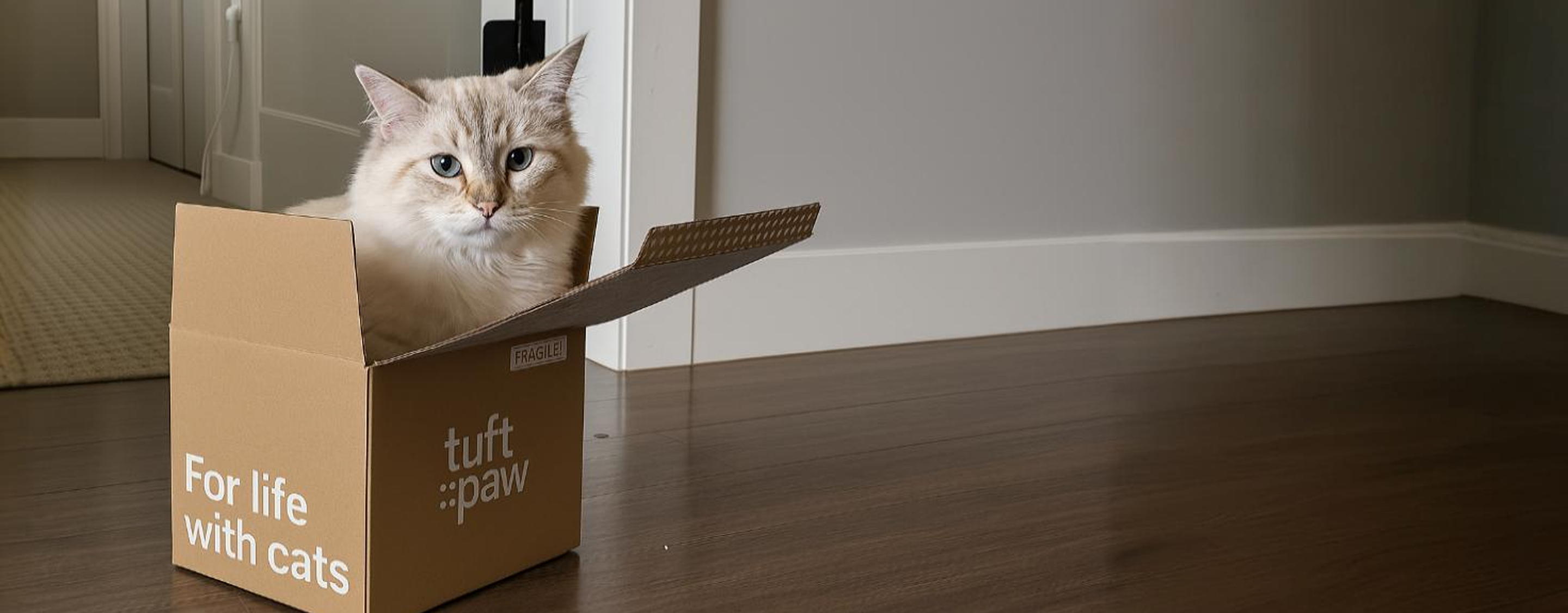 A cat sitting inside a cardboard box on a wooden floor.