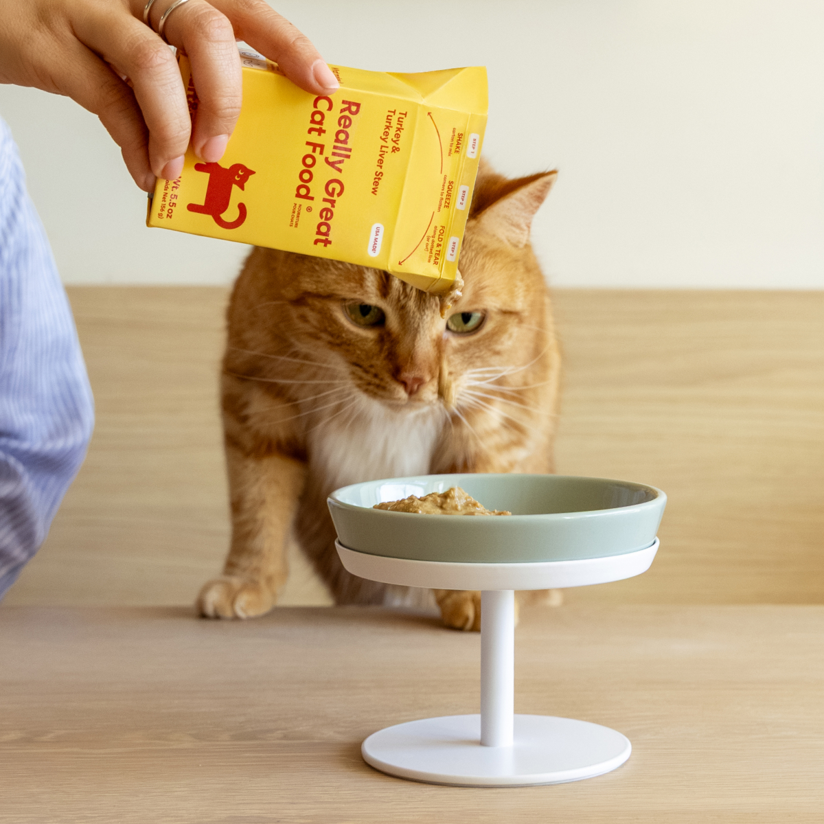 A person pours wet cat food from a yellow carton into an elevated bowl for an orange cat.