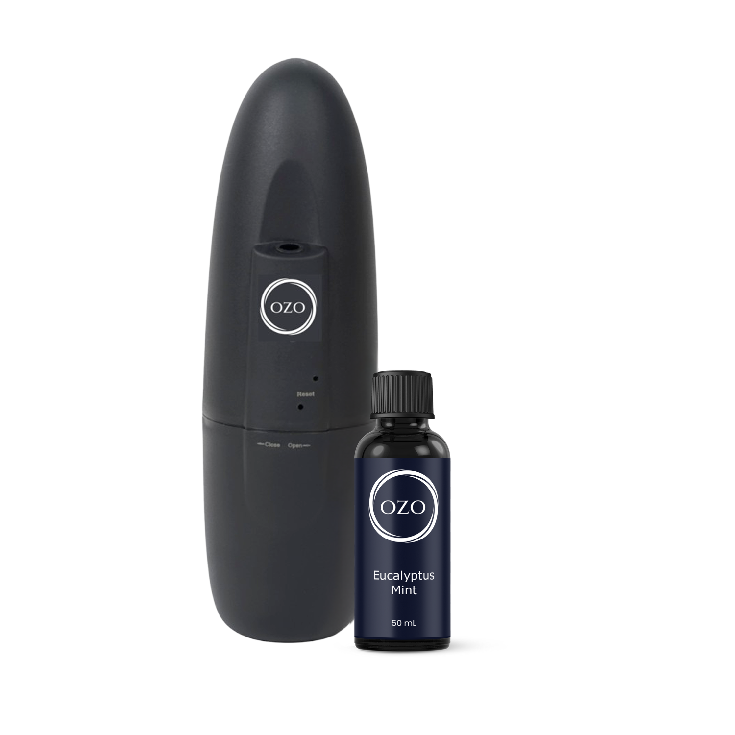 Black diffuser with a bottle labeled 'Eucalyptus Mint' beside it.