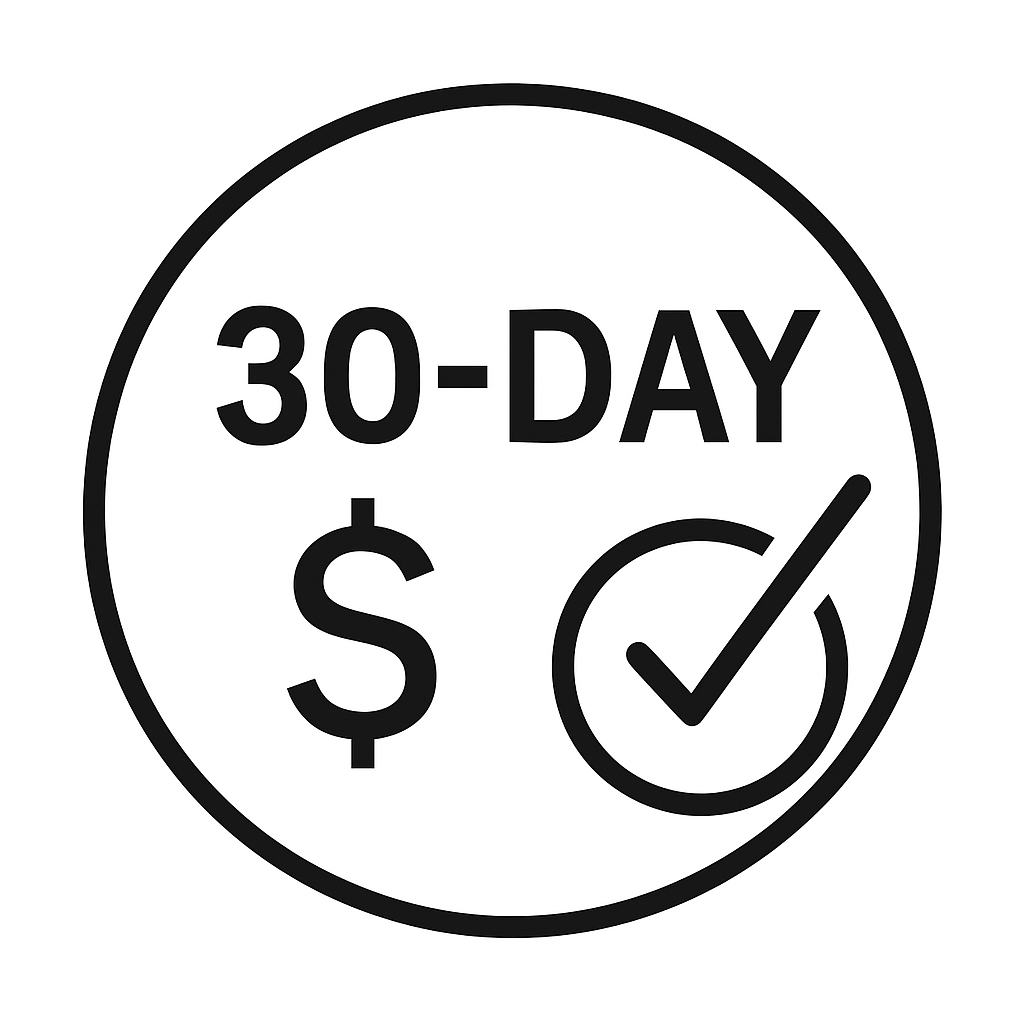 '30-day guarantee icon with dollar sign and checkmark.'