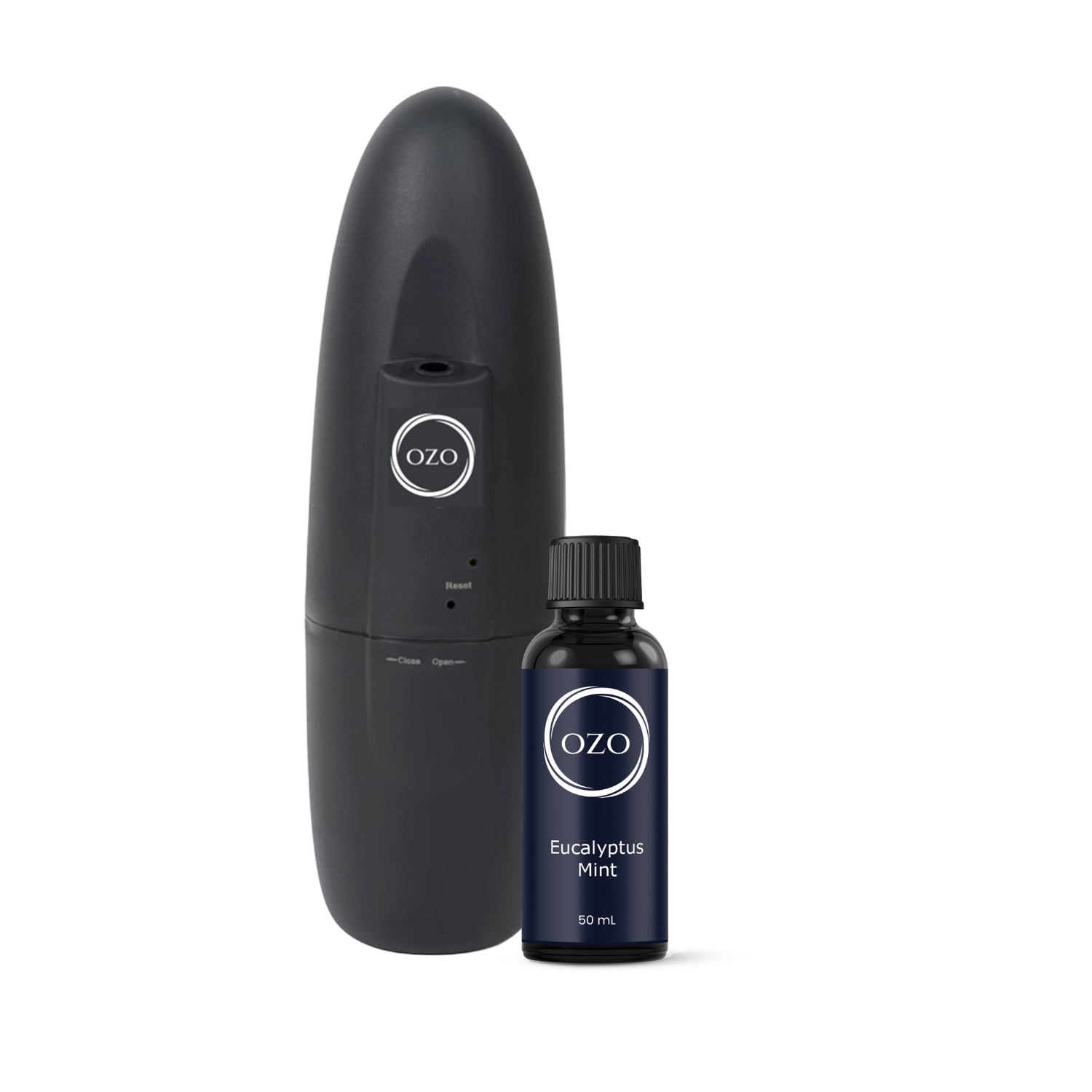 Black cylindrical device with 'OZO' and eucalyptus mint bottle beside it.