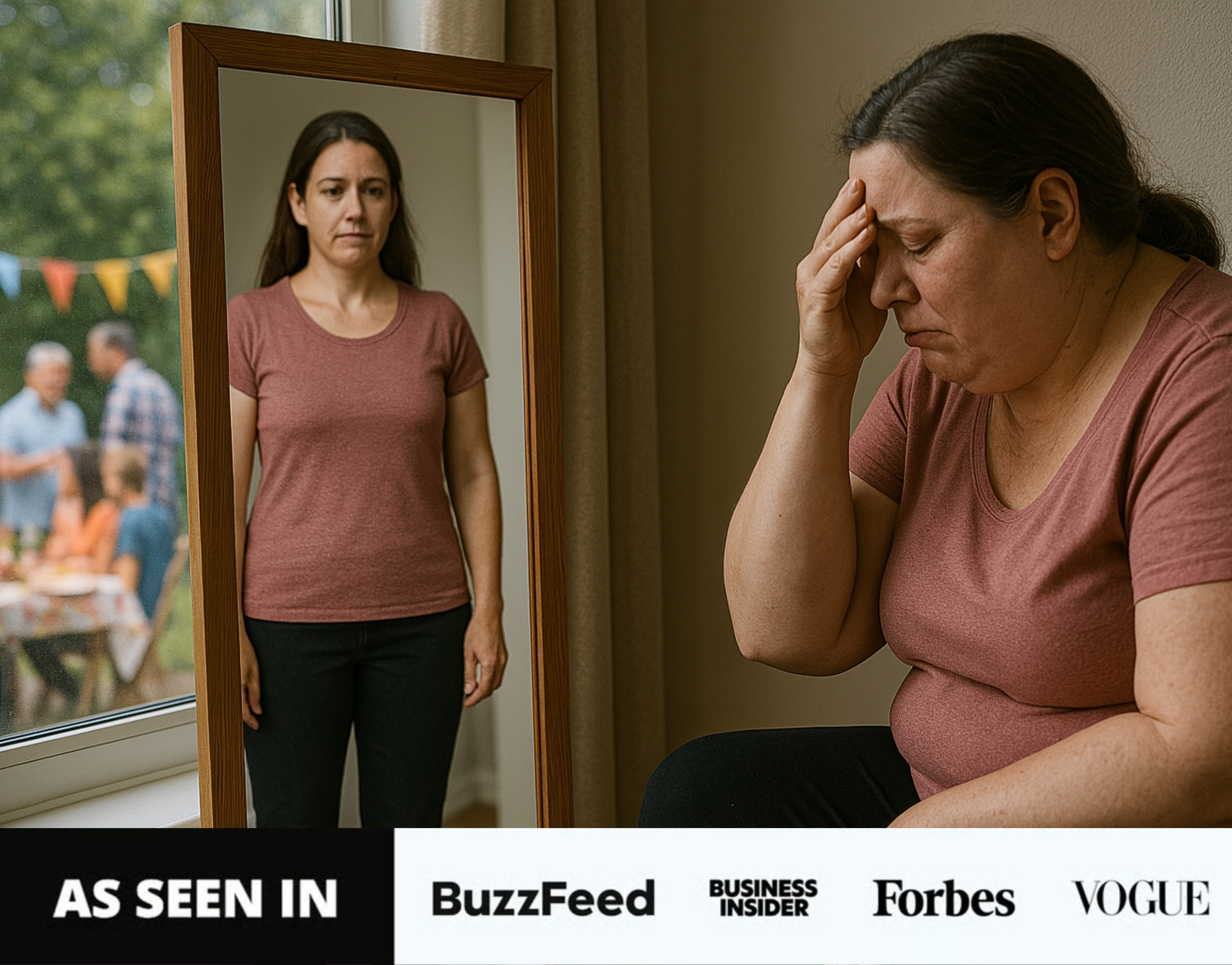 Woman looking in mirror, appearing thoughtful, with people in background.