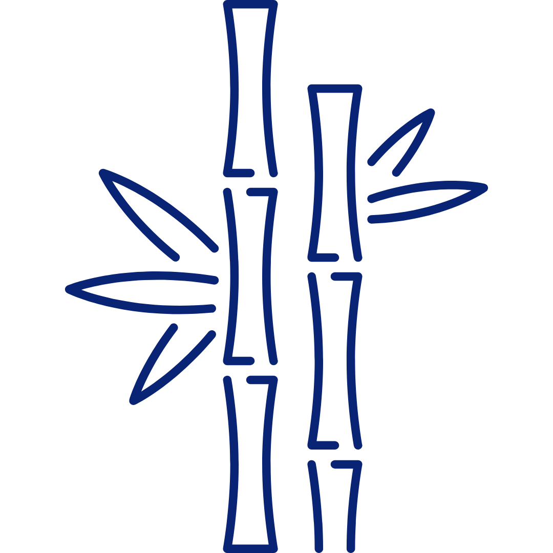 Blue outline of bamboo stalks with leaves on a white background.