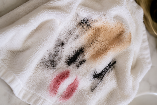 A white towel stained with makeup, including foundation, mascara, and a pink lipstick print.