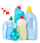 Various cleaning product bottles with colorful caps and labels.
