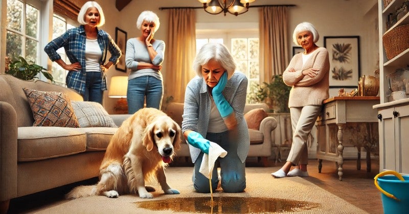 Woman cleaning carpet spill with dog nearby, others watching in living room.