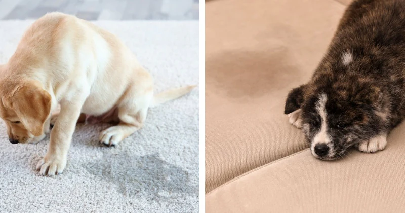 Two puppies on surfaces with visible wet stains.