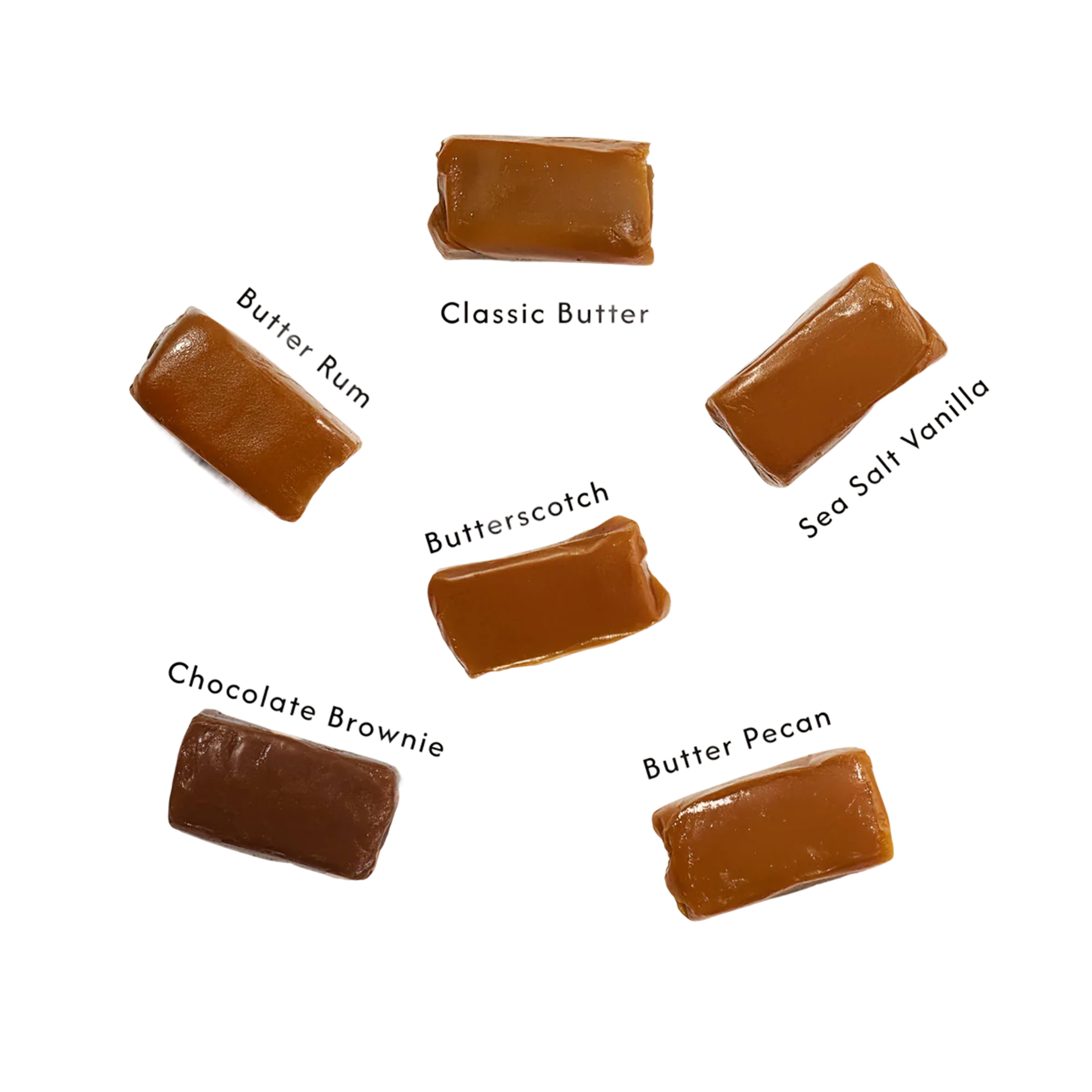 Six rectangular caramels labeled with different flavors on a green background.