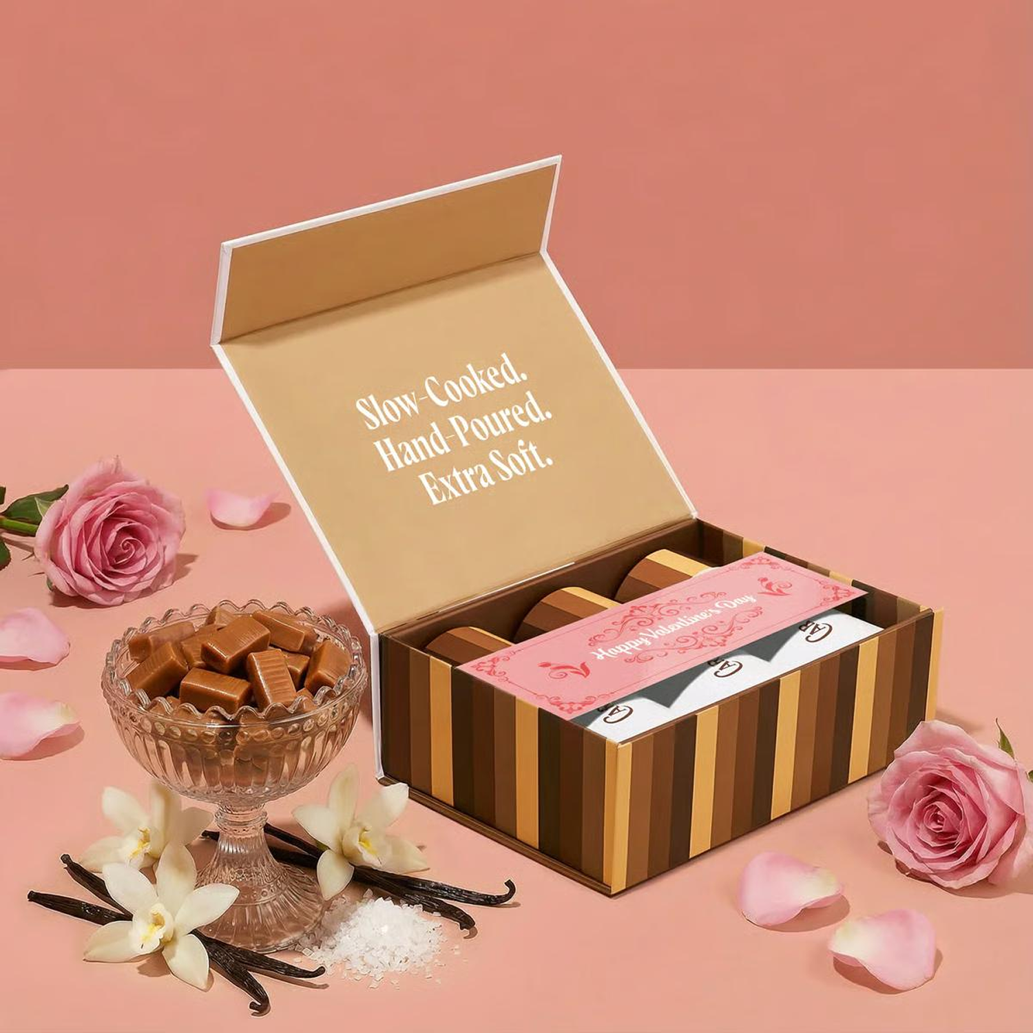 An open box of Valentine's Day caramels is displayed with pink roses, vanilla beans, and sea salt.