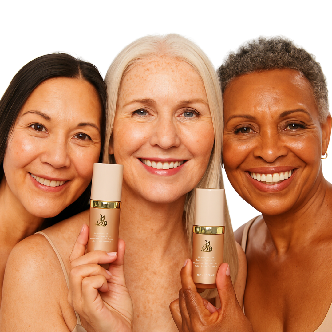 Three women smiling, holding skincare bottles against a white background.