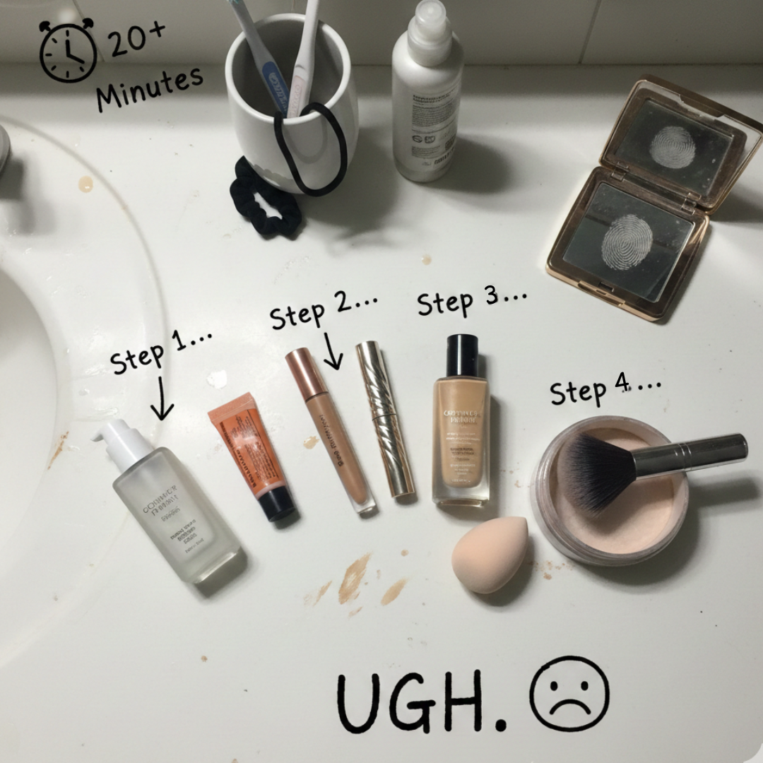 Makeup products are arranged on a messy bathroom counter in a four-step sequence with frustrated text overlays.