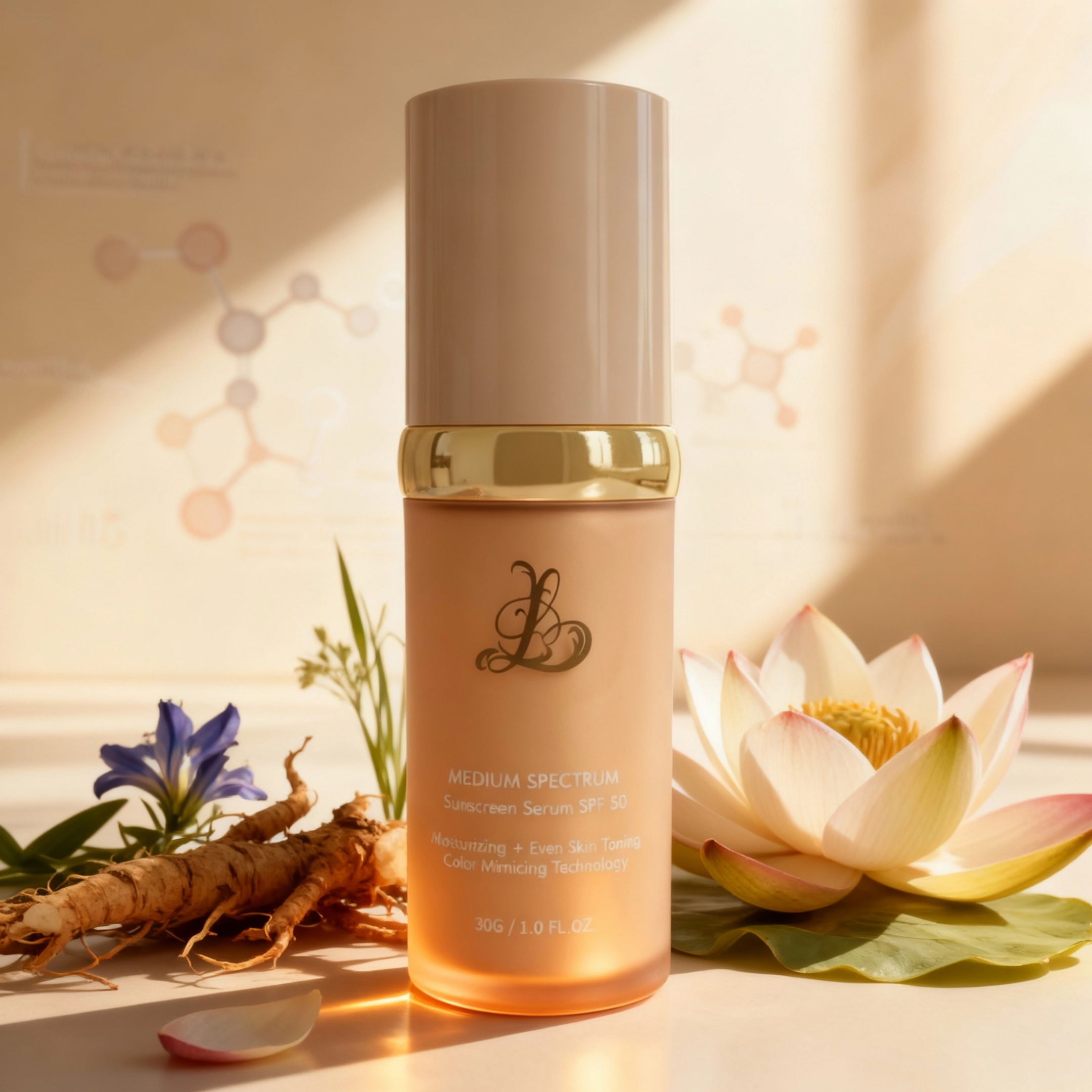 Sunscreen serum bottle with flowers and roots on a light background.
