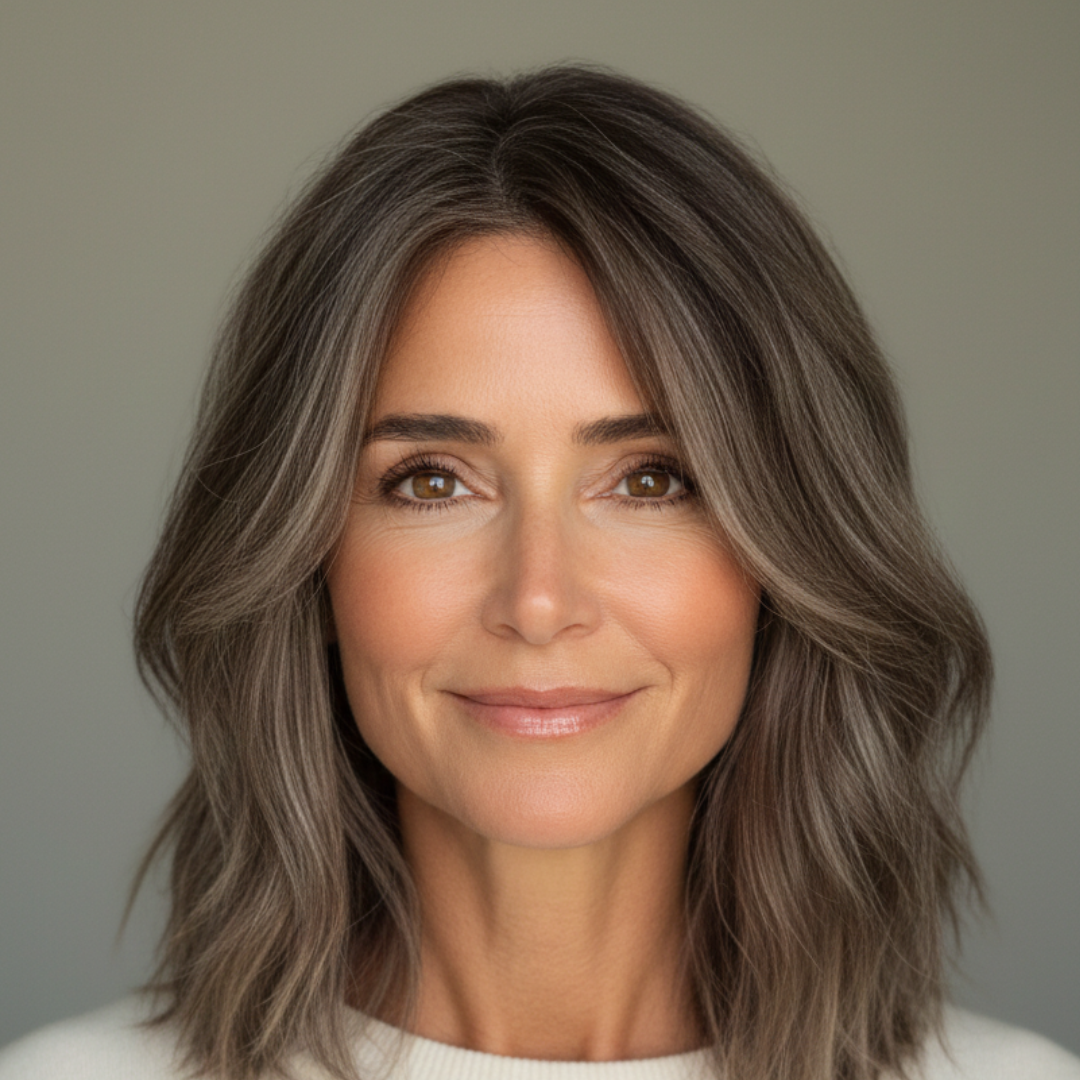 A headshot of a smiling middle-aged woman with wavy, grayish-brown hair against a gray background.