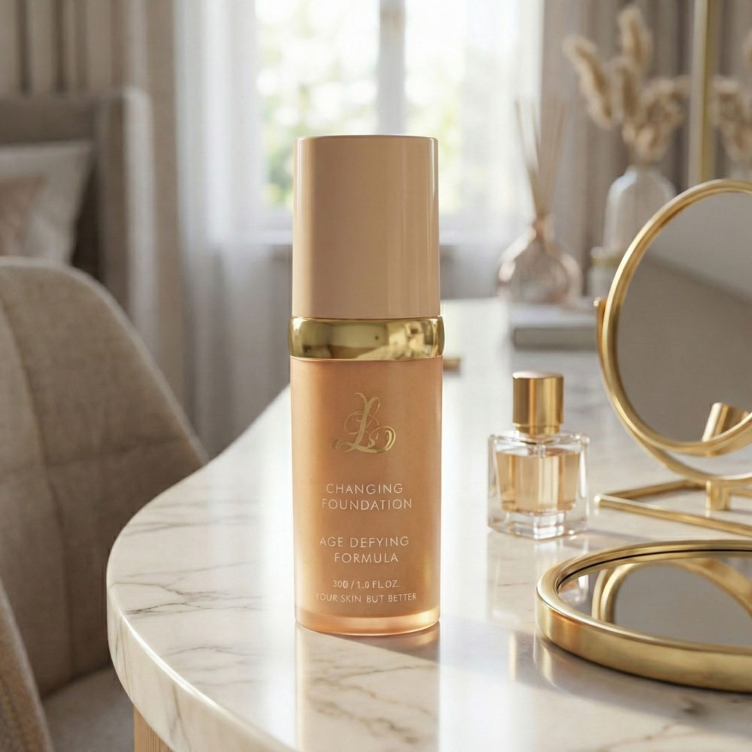 A bottle of foundation sits on a white marble vanity next to a gold-rimmed mirror and perfume bottle.
