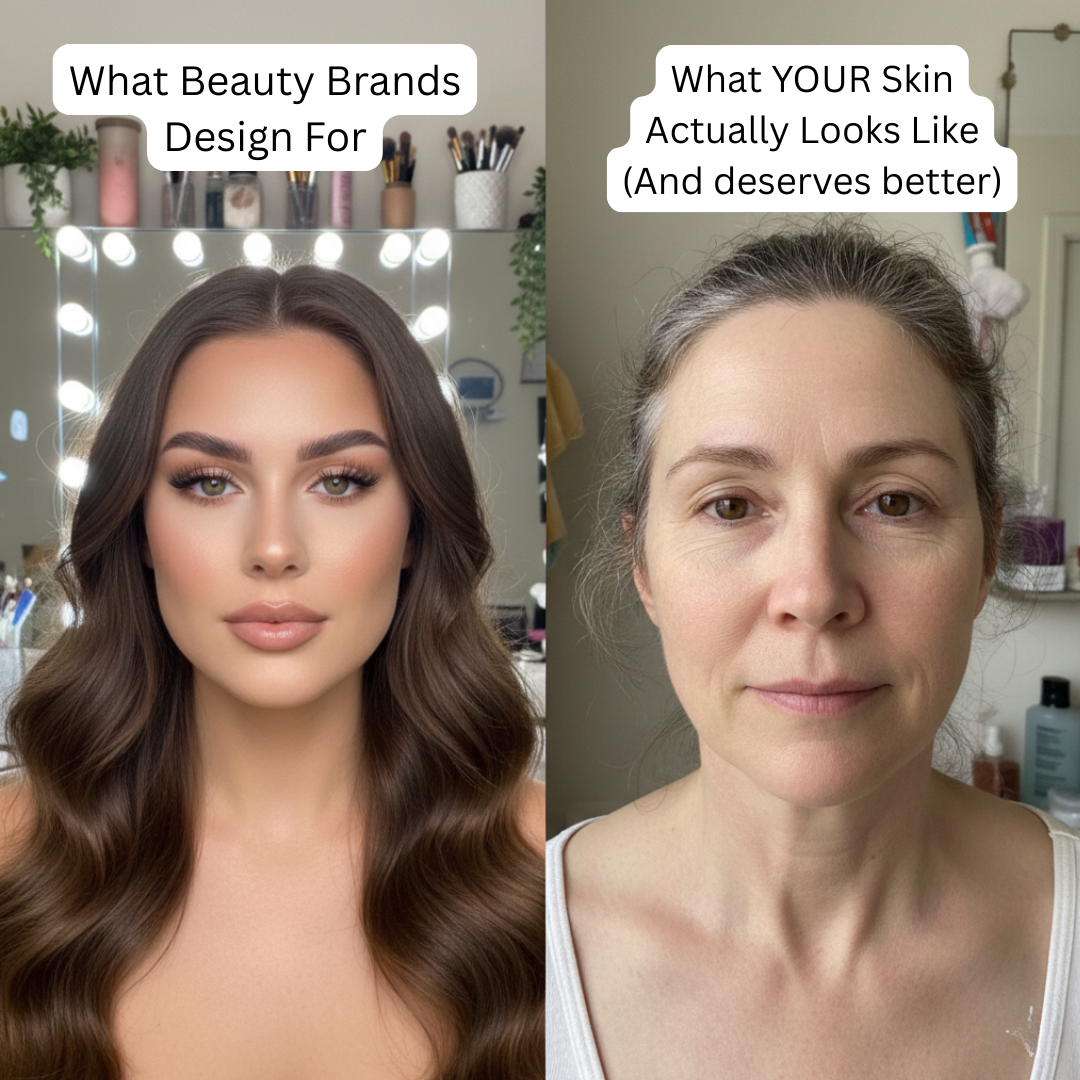 A split-panel image comparing a woman with glamorous makeup to a woman with a natural, makeup-free face.