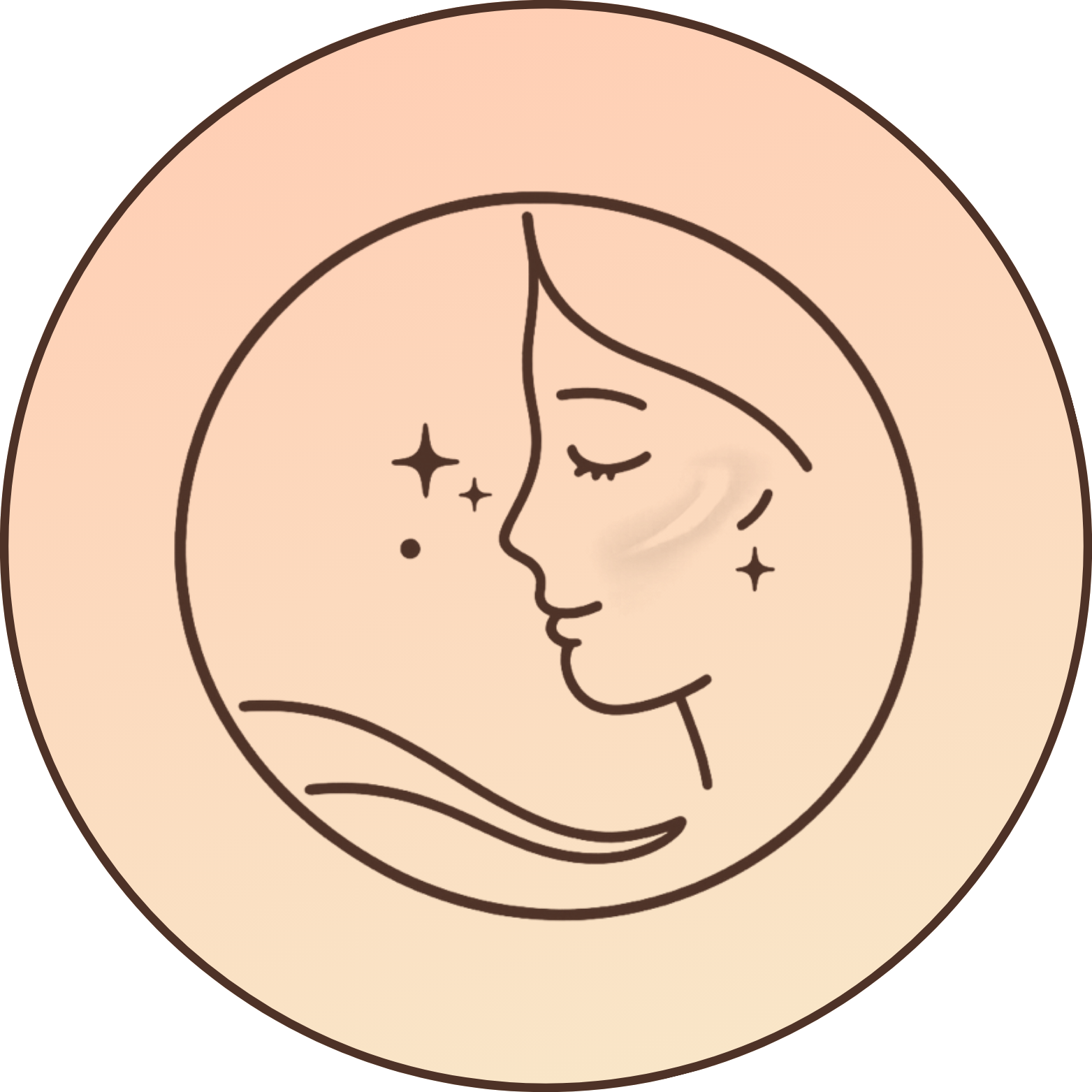 Line art of a woman's face with stars in a circular frame.