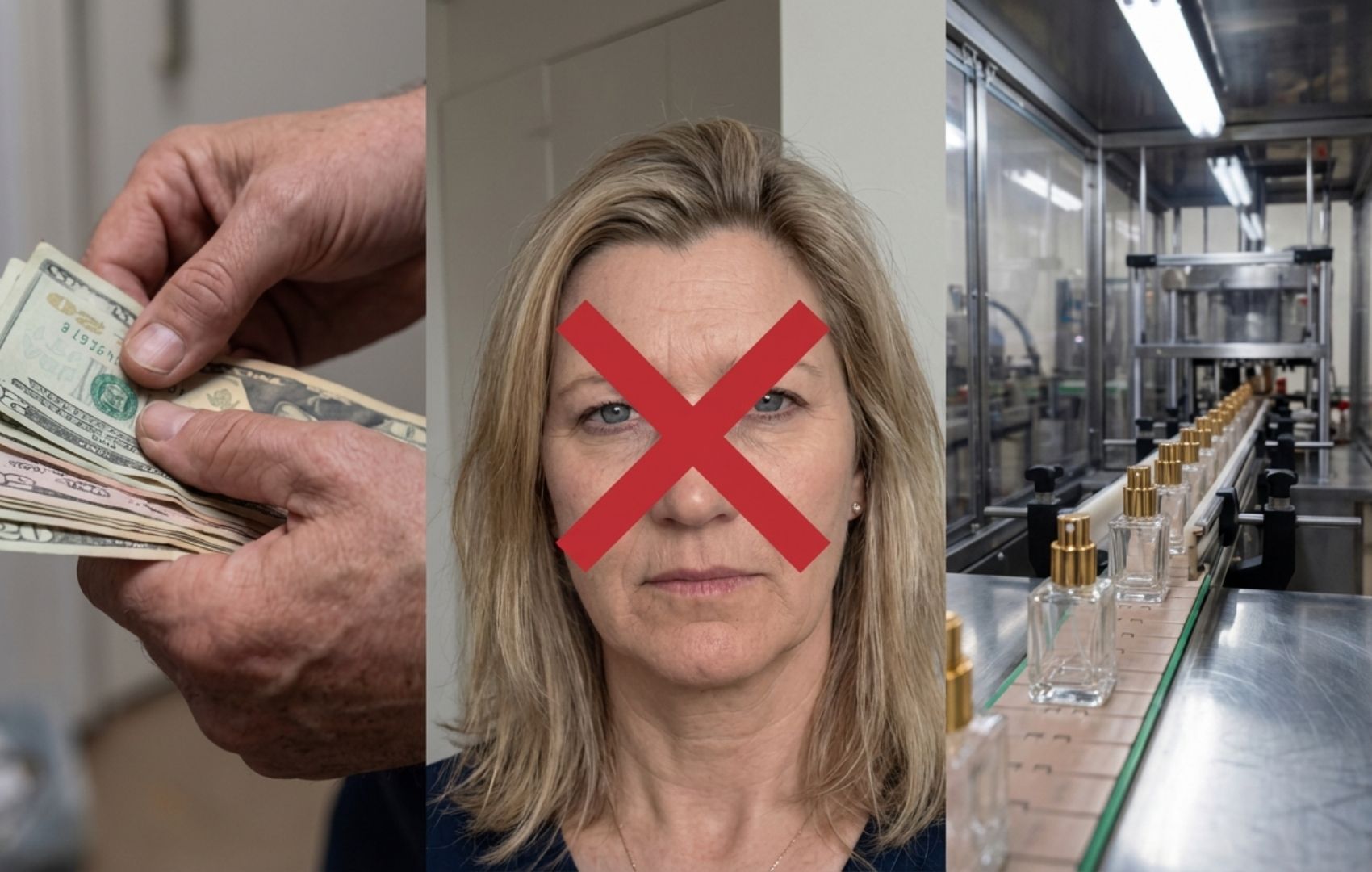 A triptych showing hands with cash, a woman's face crossed out, and bottles on a factory line.