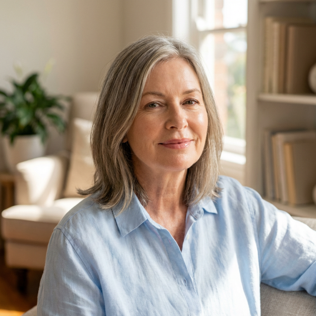 A woman with gray, shoulder-length hair wearing a light blue button-up shirt smiles at the camera.