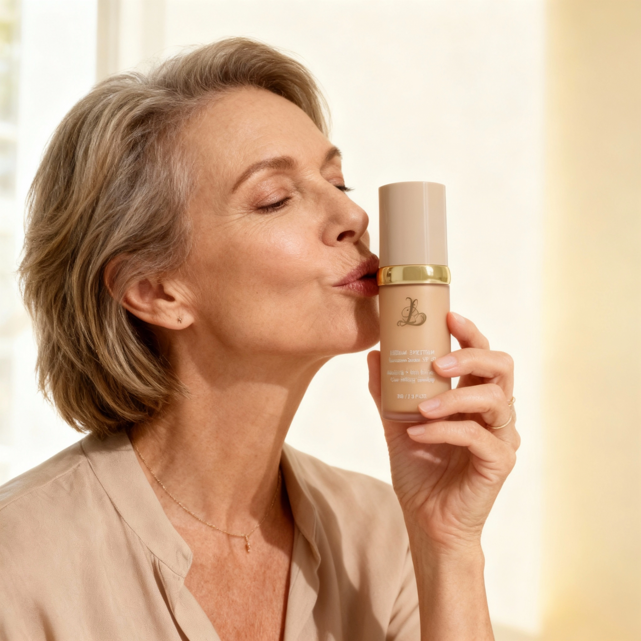 Woman holding and kissing a cosmetic lotion bottle.